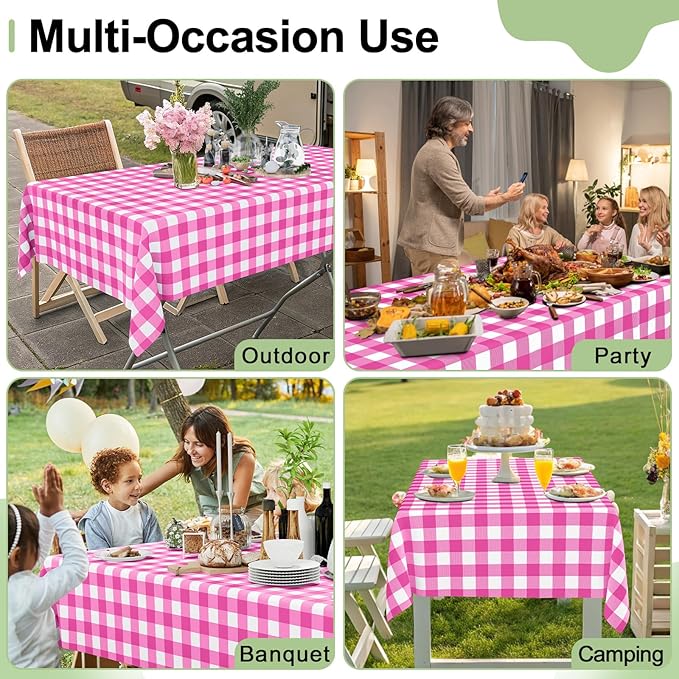 Smiry 5 Pack Hot Pink Gingham Disposable Tablecloths - 54" x 108" Heavy Duty Plastic Table Cloth, Waterproof Buffalo Plaid Table Covers for Picnic, Banquets, Parties