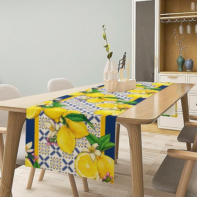 Yellow Lemon Table Runner, Spring Summer Seasonal Blue Tiles Watercolor Lemon Table Runner for Farmhouse Kitchen Indoor Outdoor Party Decor, 13x90inch