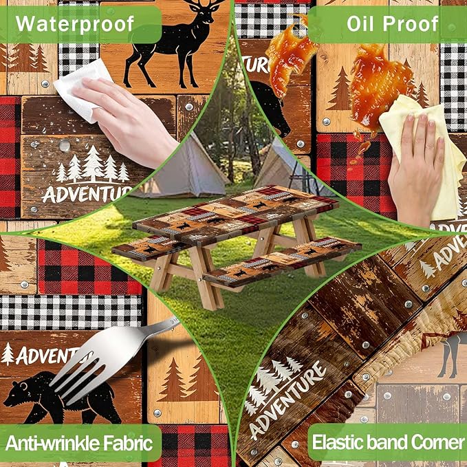 JAWO Rustic Cabin Style Picnic Table Cover with Bench Covers, Elastic Fitted Tablecloth, Lumberjack Buffalo Plaid & Bear Deer Adventure Pattern for Camping, Hunting Trips, 72x30 Inch