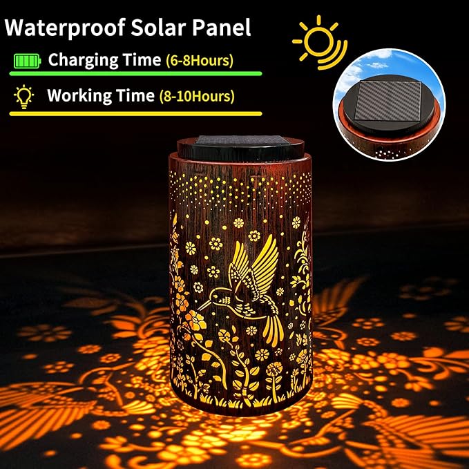 Solar Lanterns Outdoor Waterproof 2 Pack, 2 IN 1 Amber & White Modes Upgraded, Bird Garden Decor Gifts for Women Mom Grandma, Metal Hanging Solar Light Decoration for Yard Patio Porch Pathway