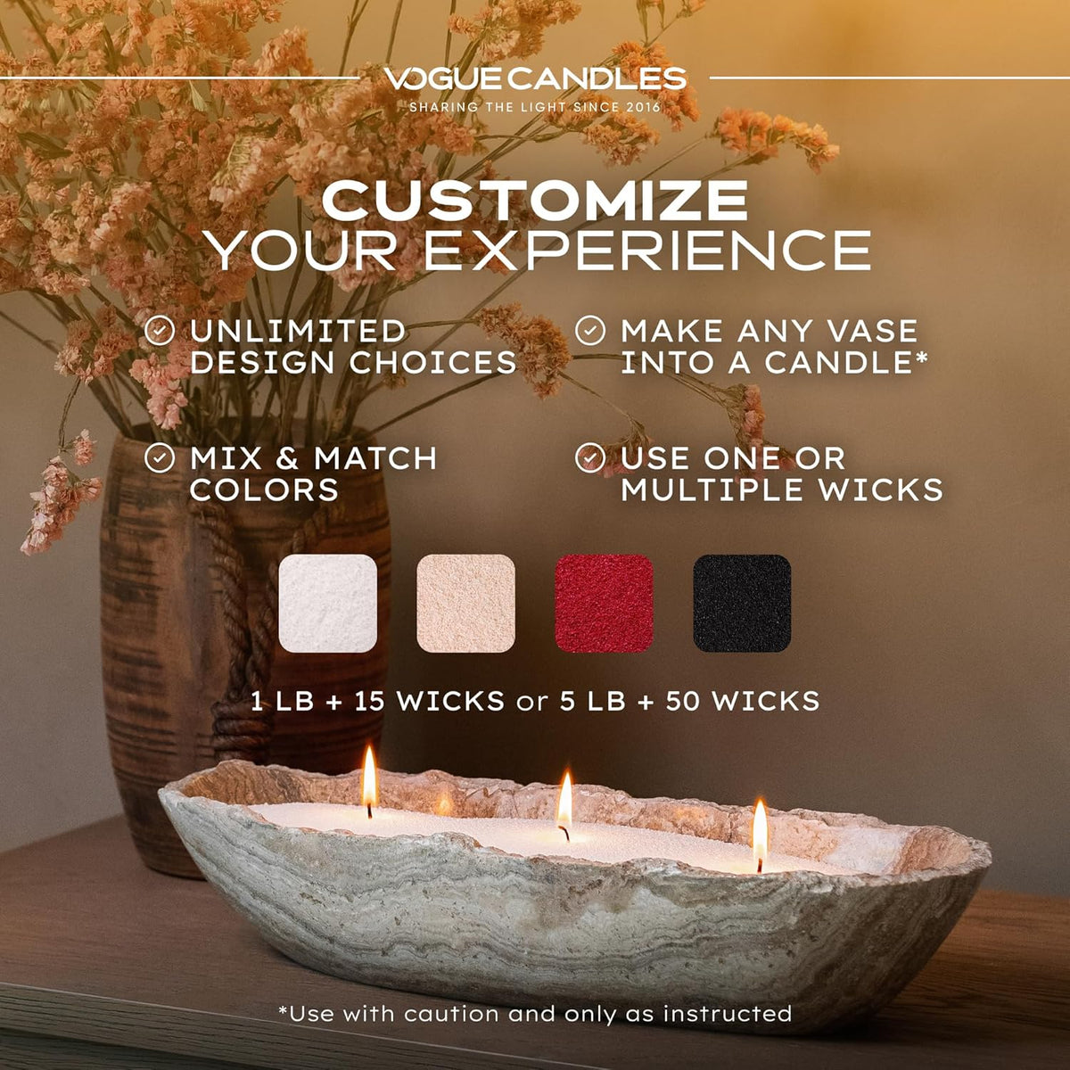Vogue Candles 1LB Candle Sand with 15 Wicks | Plant-Based Refillable Wax Granules for DIY Candle Making | Clean Burning, Unscented, Smoke-Free, Vegan Candle Refill Kit- Red
