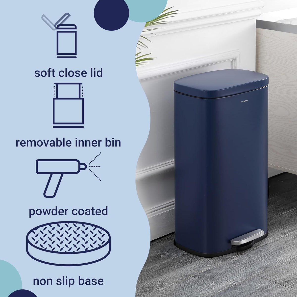 happimess HPM1011E Curtis 8-Gallon Step-Open Trash Can, Fingerprint Resistant, Modern, Minimalistic for Home, Kitchen, Laundry Room, Office, Bedroom, Bathroom, Denim Blue