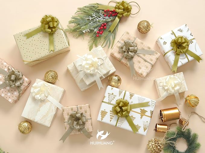 HUIHUANG Christmas Bows for Gift Wrapping 12 PCS Champagne Pull Bows 4" x 8" Satin Gift Bow for Presents, Gift Basket, Paper Bag, Wrapping Accessories, Wreaths, Wedding Christmas Decor