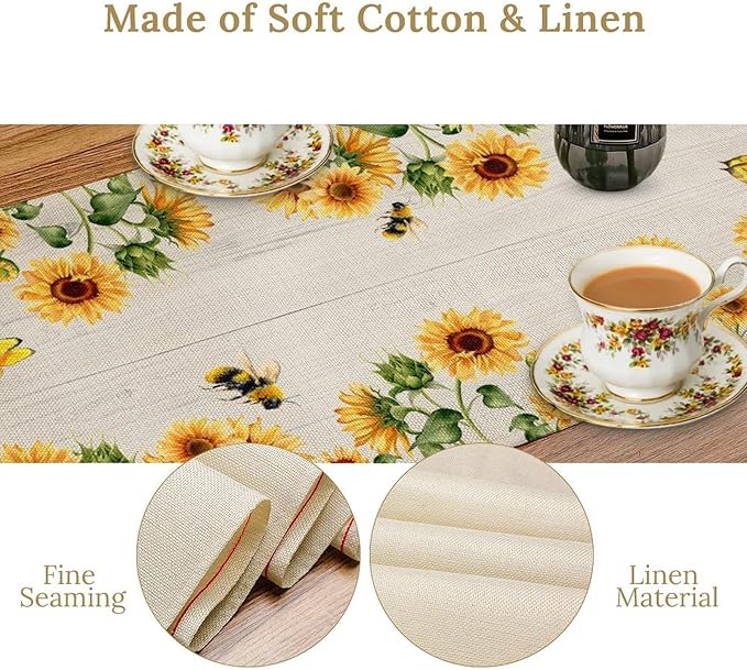 Sunflower Table Runner, Yellow Floral Flower Butterfly Country Rustic Table Runner for Outdoor Home Party Kitchen Dining Holiday 13x90in