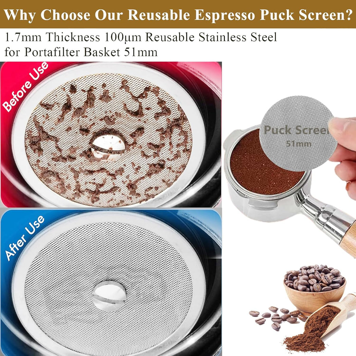 Espresso Accessories Kit 51mm Tamper: Espresso Tamper Kit with 51mm Coffee Tamper, Puck Screen, Dosing Funnel, WDT Tool, Tamper Mat