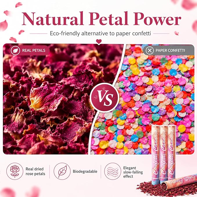 Meng's Grocery Natural Dried Flower Petal Confetti Cannon, 4pcs Rose Petals Party Supplies Confetti Poppers, Biodegradable Petals Confetti Cannon for Wedding, Birthday, Graduation