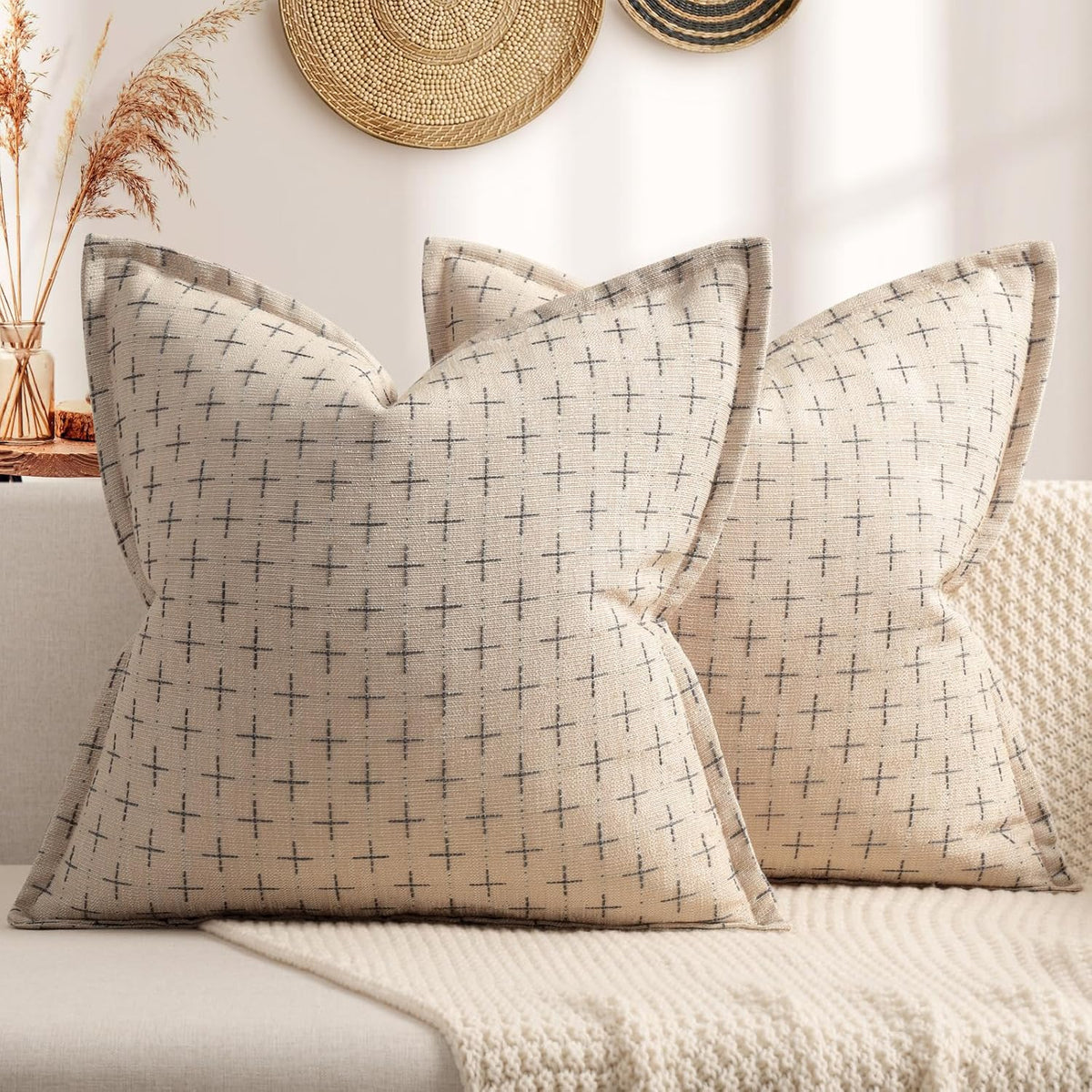 ZWJD Pillow Covers 24x24 Set of 2 Soft Polyester Textured Pillow Covers with Stylish Flange Edge Cozy Farmhouse Throw Pillows for Couch Bed Sofa Living Room