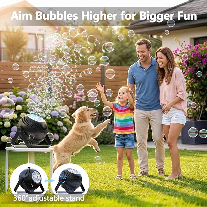 2026 Bubble Machine, 20000+ Bubbles Rechargeable Bubble Maker, Automatic Bubble Blower with Lights & 360° Adjustable Angle, Outdoor Bubble Toys Gifts for Kids, Birthday Parties, Backyard, Wedding