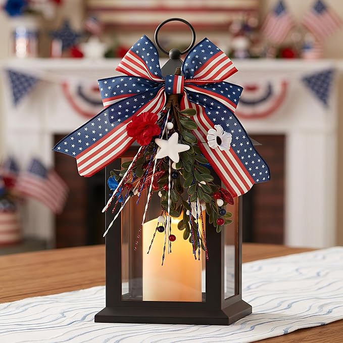Patriotic Lanterns Decorative Indoor, 14" Black Lantern with Timer Flameless Candle, Battery Operated Waterproof Outdoor Hanging 4th of July Lanterns for Porch, Patio, Patriotic Decorations