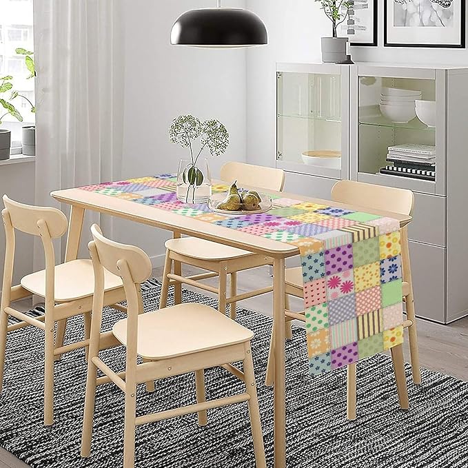 Patchwork Table Runner, Vintage Colorful Floral Plaid Tablecloth Table Runner for Indoors Outdoor Dining Kitchen Home Party 13x90in