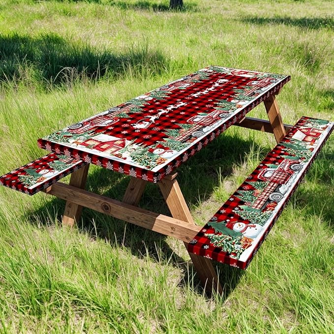 Christmas Picnic Table Cover with Bench Covers and Bag, Camping Essentials, Red Plaid Xmas Waterproof Windproof, Fitted Tablecloth Cover with Elastic Edge, for Indoor & Outdoor, 3 PCS, 30x60 Inch