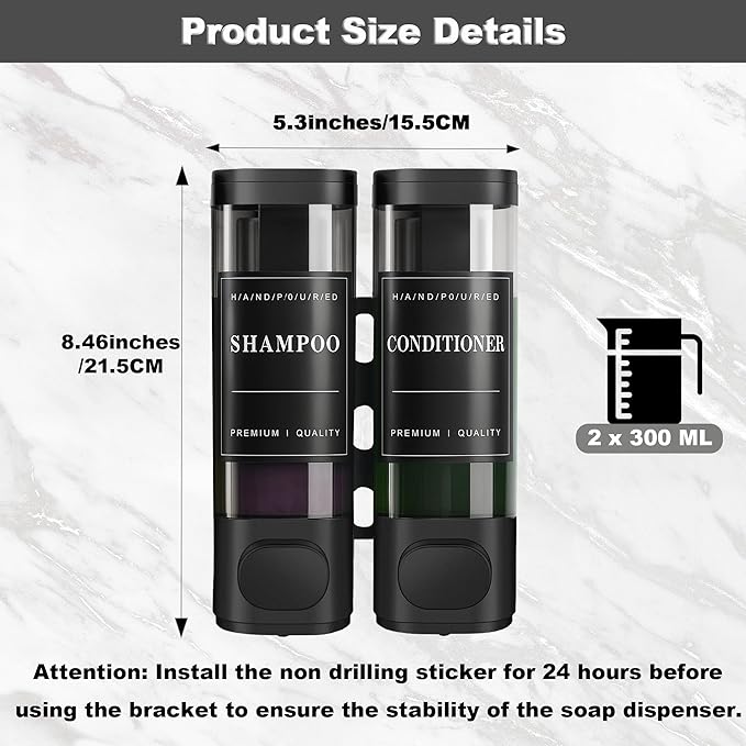 CeeVian Shampoo Dispenser Soap Dispenser 2 Chamber No Drill Wall-Mounted Shampoo Dispenser for Shower Wall Mounted Shower Soap Dispenser for Bathroom Hotel Black,2 * 300ML (Black)