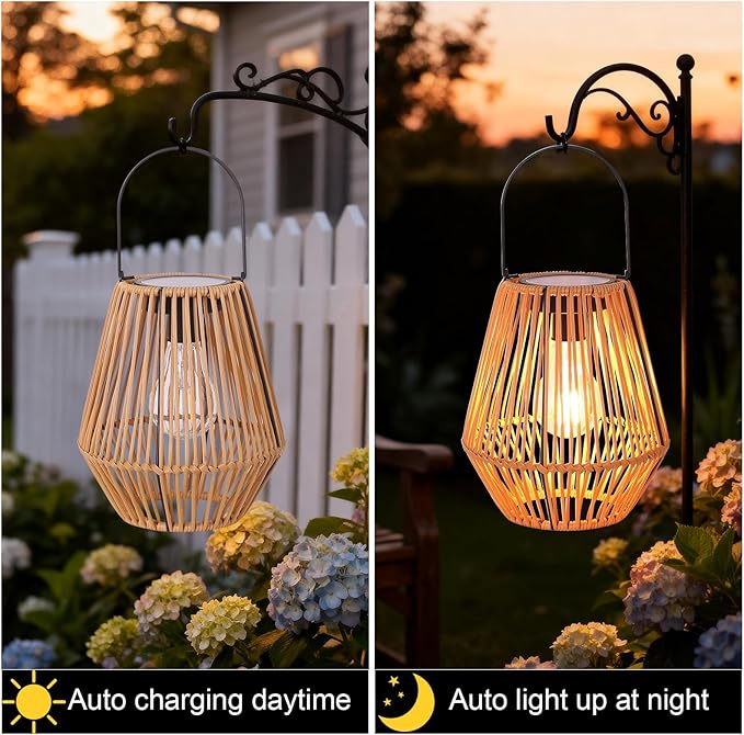 2 Pack Rattan Solar Lanterns Outdoor Waterproof, Boho Solar Lights, Outdoor Garden Lights, Hanging Lanterns Decorative Birthday Gifts for Mom Grandma, Outdoor Lanterns for Porch, Patio