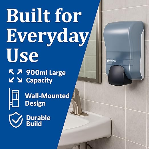 San Jamar Rely Plastic Manual Soap Dispenser, Hand Sanitizer Dispenser With Universal Compatibility For Home, Bathroom, Kitchen, Restooms, Restaurants, 900 Ml, Blue