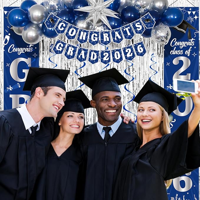 Graduation Decorations Class of 2026, Navy Blue and Silver Graduation Decorations, 2026 Graduation Party Decorations with Congrats GRAD 2026 Banner Tablecover Balloons for College High School Nursing