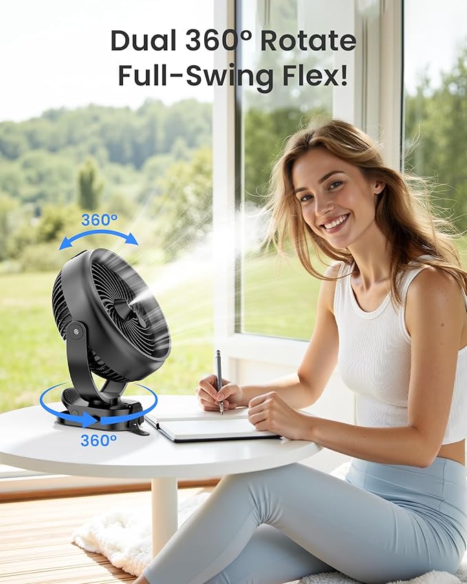 Koonie 10000mAh Battery Operated Misting Fan with Clip, Portable 8'' Mist Fan for Desk with Max. 48 Hours Runtime, 3Speeds, 2 Spray Modes, 200ML Tank for Golf Cart Home Office Travel Camping Stroller
