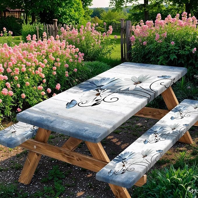 Rustic Farmhouse Blue Flower Picnic Table Cover with Bench Covers, Waterproof Blue Daisy Floral Flowers Butterfly on Country Wooden for Camping Indoor Outdoor Party Decorations, 30X96in