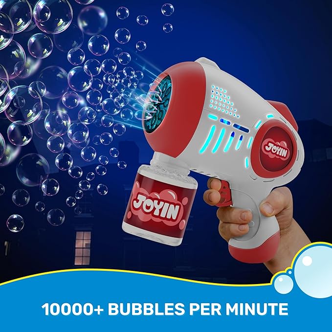 JOYIN 2 Kids Bubble Guns with 4 Bottles Solution, Automatic Bubble Machine Gun with 8 Holes for Kids, Adults, Summer Toys, Easter Basket Stuffers, Birthday Gift, Party Favors-Blue,Red