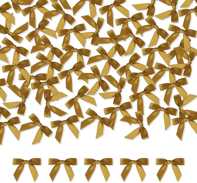 Meseey 100 Pcs 1.5 Inches Premade Craft Bows Self Adhesive Gold Satin Ribbon Bows for Treat Bags Gift Wrapping Basket Wedding Baby Shower Brithday Party(Gold)