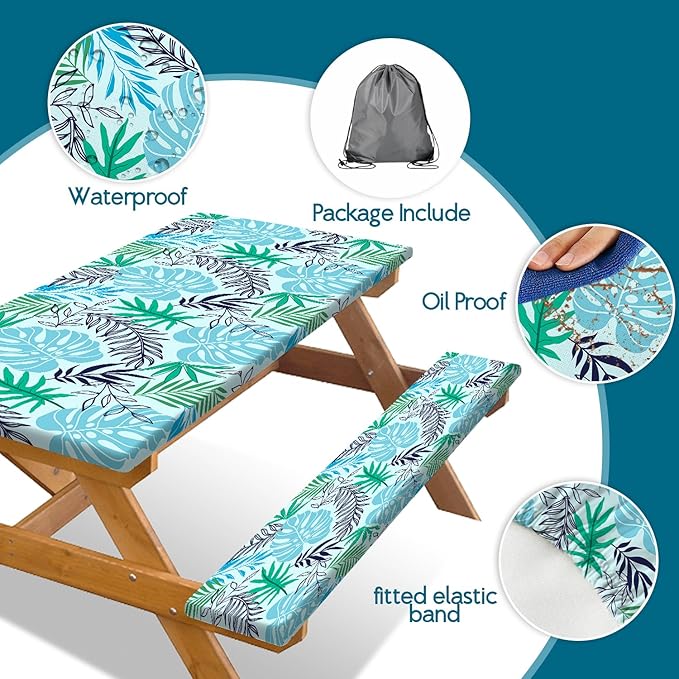 Palm Leaves Picnic Table Cover with Bench Covers, Waterproof Summer Tropical Hawaiian Green Leaves Tablecloth for Camping Indoor Outdoor Party Decorations, 30X72in