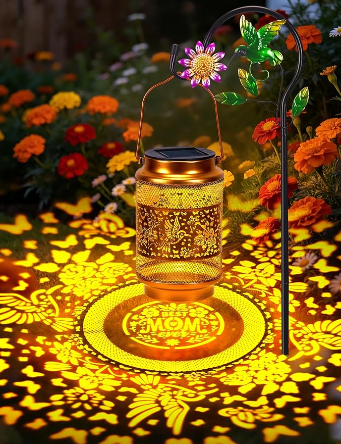 Mothers Day Gifts Hummingbird Solar Lantern Outdoor Waterproof with Shepherd Hook, Metal Hanging Hummingbird Garden Decor, Birthday Gifts for Women Mom Grandma Sister