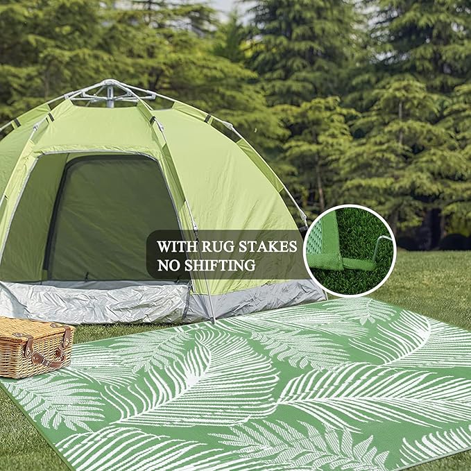 Pauwer Waterproof Outdoor Rug 9x12, Reversible Plastic Straw Patio Camping Rug, Indoor Outdoor RV Mat Carpet for Deck, Camper, Porch, Balcony, Backyard, Picnic, Leaf Green