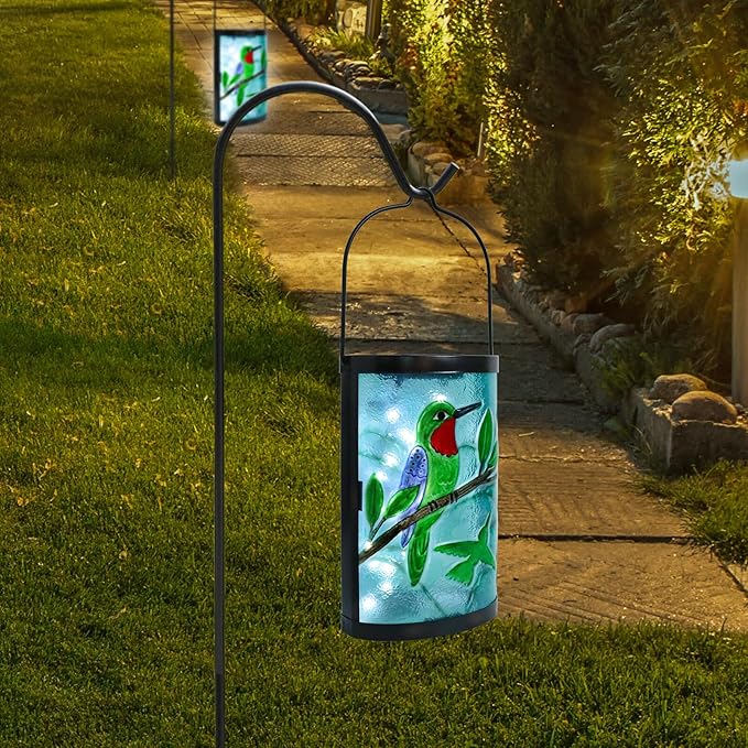 Hanging Solar Lantern Outdoor Waterproof Hummingbird Solar Lights Glass Tabletop Decorative Lamp for Outdoor Patio Garden Outside Yard Decor