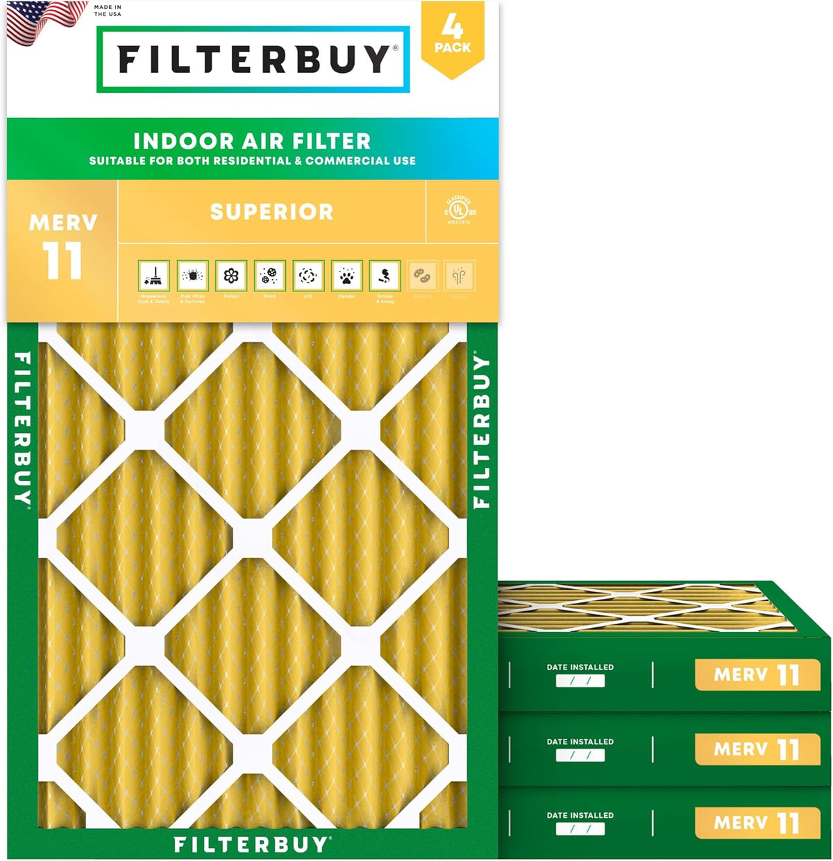 Filterbuy 16x24x2 Air Filter MERV 11 (MPR 1200) Allergen Defense Replacement (4-Pack), Electrostatic Pleated HVAC AC Furnace Filters, Made in USA (Actual Size: 15.38 x 23.38 x 1.75)