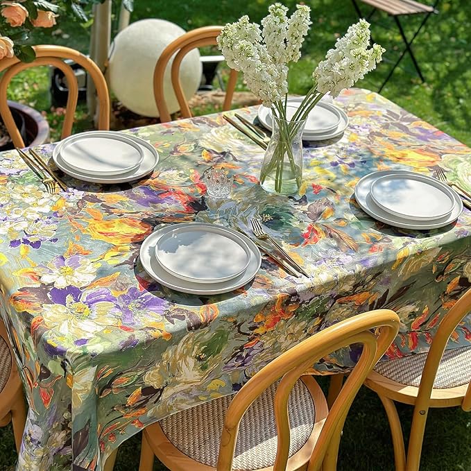 Spring Summer Rectangle Tablecloth, Activated Print Floral Waterproof Table Cloth, Dining Table Cover for Dining, Picnic, Outdoor, Wedding - 72''x54'' - Green