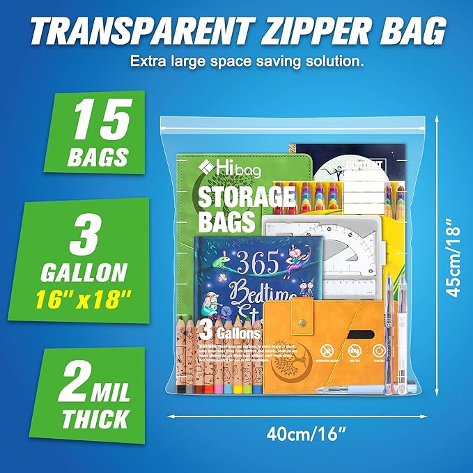3 Gallon Extra Large Zippered Plastic Bags for Storage, 16'' x 18'', Clear Storage Bags for Clothes, Extra Thick 15 pack