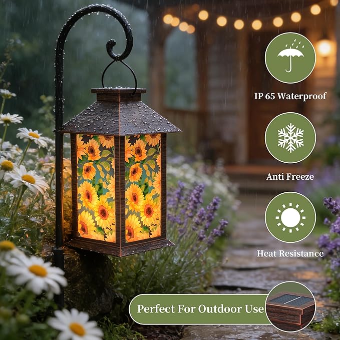 Solar Lanterns Outdoor, Waterproof Garden Sunflower Solar Lantern, 13" Outdoor Lantern with LED Flickering Flameless Candles, Lanterns for Women Mom Gifts Decorative for Porch, Yard, Patio