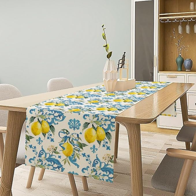 Lemon Flower Table Runner, Summer Fruit Sicilian Style Table Runner for Indoor Outdoor Kitchen Home Party Holiday Dining Table 13x108in