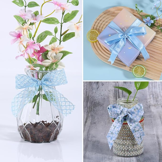 BEEFLYING 3 Styles Light Blue Wire Edged Ribbons for Gift Wrapping Decoration 25~28mm×2.7m Chiffon Ribbons Organza Ribbons for Wedding Party Hair Bows Flower Designs Sewing and Craft, 9 Yards