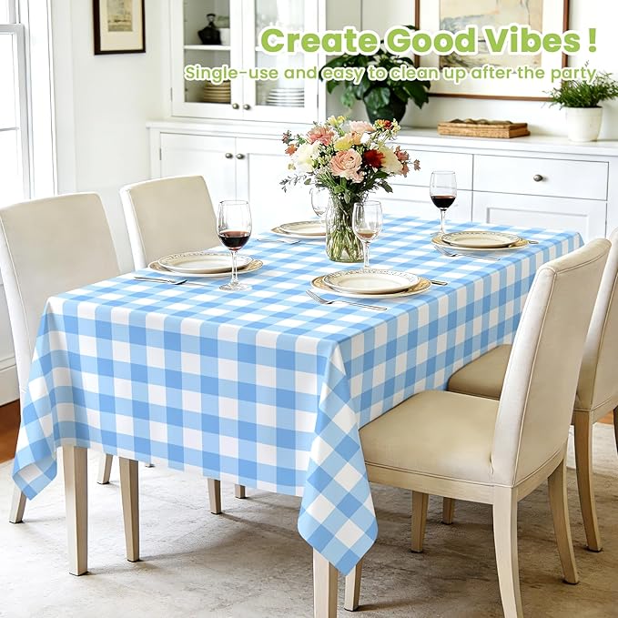 Mulbozy 4 Pcs Light Blue Checkered Tablecloth 54 ×108 Inches Rectangle Blue Gingham Tablecloth Disposable Plastic Waterproof Table Cover for Outdoor Picnic, Kitchen, Holiday Birthday Party