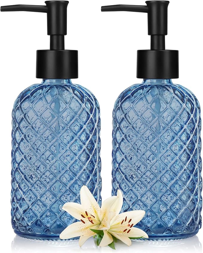 13.5Oz Gem Design Soap Dispenser with Plastic Pump, Refillable Glass Soap Dispenser for Hand Soap, Dish Soap, Lotion (Blue & Plastic Pump)