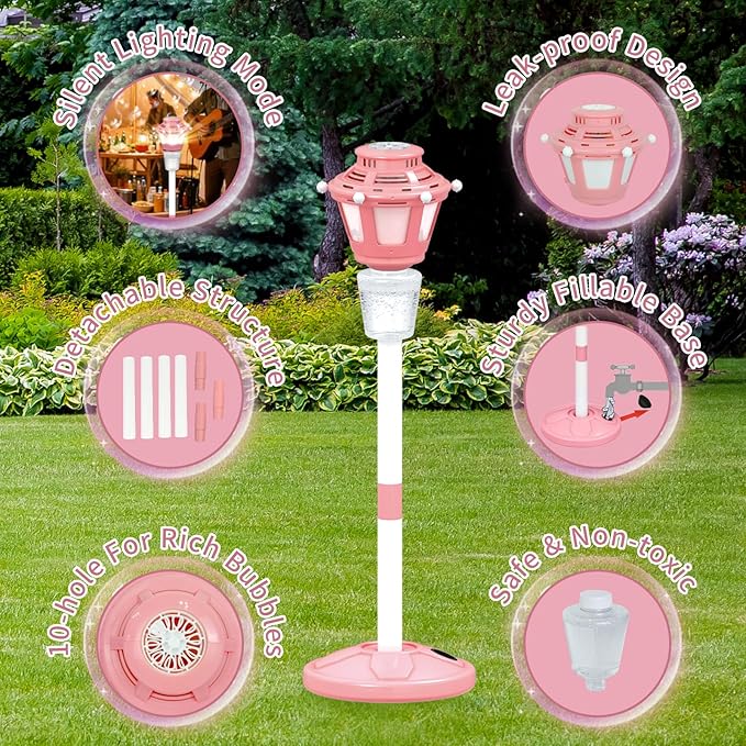 Bubble Machine for Kids Outdoor, 40" Adjustable Height Automatic Bubble Blower with Light & Rechargeable Battery, Bubble Maker Toy for Toddlers Party Birthday (Includes 3 Solution), Pink