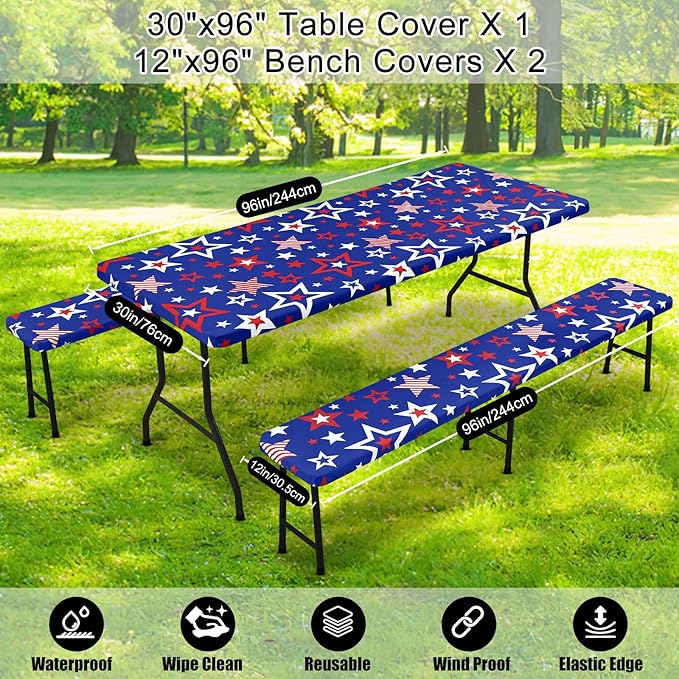 Smiry Picnic Table Cover with Bench Covers, Waterproof Elastic Fitted Tablecloth for 8 Foot Tables, Washable Polyester Tablecloths for Camping and 4th of July (Navy Blue & Red, 30x96 Inch 3-pc Set)