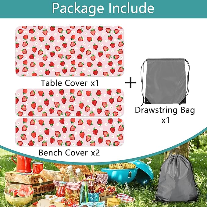 Strawberry Picnic Table Cover with Bench Covers and Bag, Camping Essentials, Berry Waterproof Windproof, Fitted Tablecloth Cover with Elastic Edge for Outdoor Garden 3 PCS 30x72 Inch