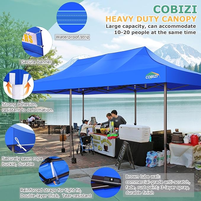 COBIZI 10x30 Pop Up Heavy Duty Canopy with 8 Sidewalls and Hexagonal Legs, Easy up Tent for Party, Wedding and Commercial, Outdoor Canopy with Carry Bag, Waterproof & UPF50+ (Blue)