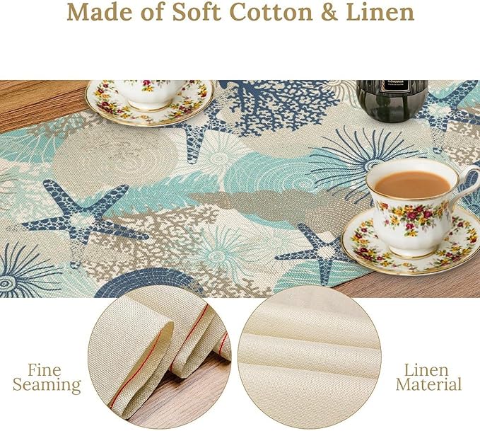 Marine Life Table Runner, Sea Underwater World Ocean Creature Table Runner for Dining Kitchen Party Holidays Home 13x70in