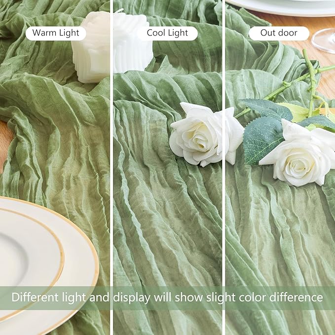 Asee'm Cheesecloth Table Runner 120 Inches Sage Green Boho Gauze Cheese Cloth Runner 10FT Rustic Sheer Table Runners for Spring Easter Wedding Baby Shower Holiday Party Decoration