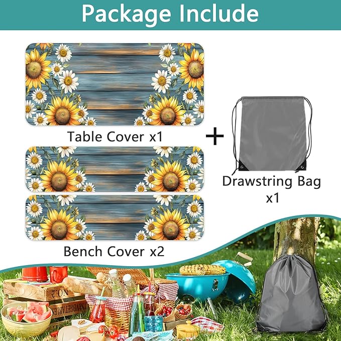 Picnic Table Cover with Bench Covers Camping Essentials Waterproof Windproof Camping Tablecloth with Drawstring Bag, Fitted Rectangle Tables and Seats, 72in, Teal Wooden Sunflower