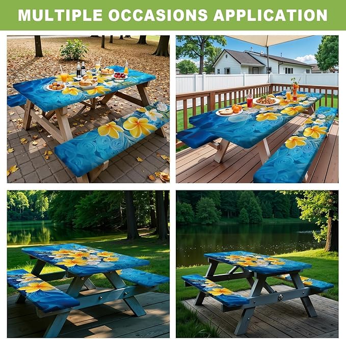 ANNA QUEEN 6FT Yellow Flowers Spring Picnic Table Cover with Bench Covers Picnic Table Cover Set 3PCS 72"x30", Outdoor Bench and Tablecloth Furniture Protection