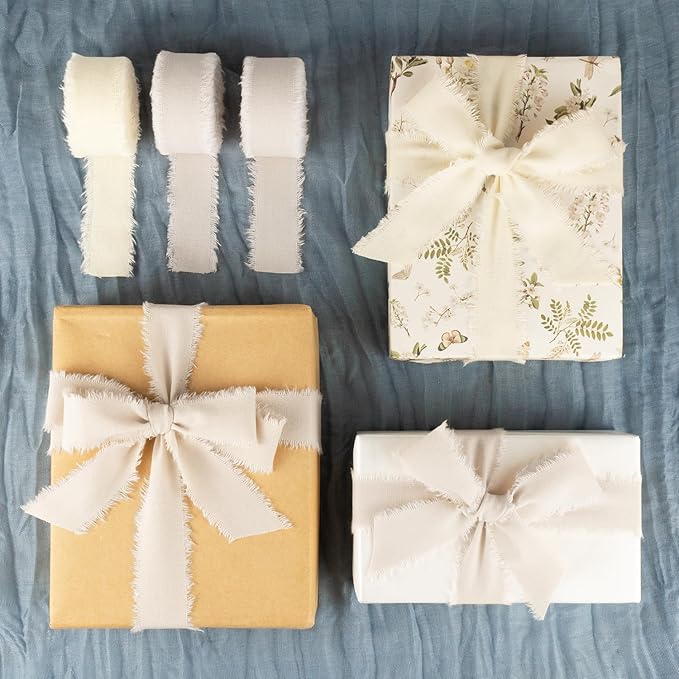 Beige Cotton Ribbon 1 Inch Beige 3 Rolls 21 Yards Frayed Edge Fabric Set for Rustic Wedding Decor, Bridal Bouquet Wrap, Farmhouse Decor, Wreath Making & Gift Wrapping