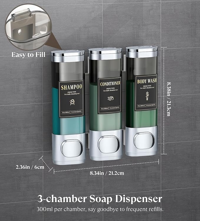 Luxspire Shampoo and Conditioner Dispenser, No Drill Wall Mounted Shower Soap Dispenser 3 Chamber with Waterproof Labels, Easy Refill Soap Dispenser for Bathroom Hotel Kitchen, Silver