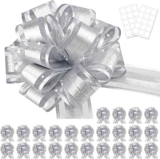 24pcs Silver Pull Bow for Gift Basket Wrapping Xmas Gift Bows Presents Adhesive Wrap Ribbon Bow for Christmas Tree Bottles Bouquet Flower Valentine's Day Party Decor (Silver-G)