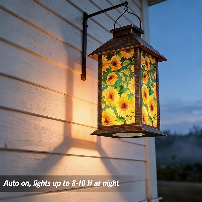 Sunflower Solar Lanterns Outdoor Waterproof, Decorative Solar Lantern with Flickering LED Candle, 13 Inch Hanging Garden Lantern for Porch Patio Yard Decor, Gifts for Women Mom Grandma, 1 Pack