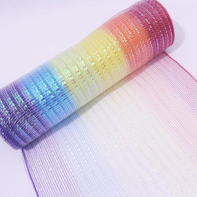 3 Rolls Rainbow Deco Mesh Ribbon for Wreath Making Supplies, 10 Inch x 30FT Metallic Foil Burlap Deco Mesh Fabric for DIY Crafts Christmas Tree Easter Wreath Swags and Decorating