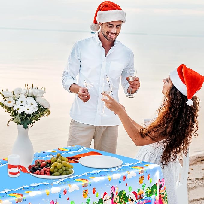 QZYL 3 Pcs Christmas July Tablecloths, 51 x 86.6 Inch Waterproof Summer Christmas Tablecloth, Disposable Santa Plastic Rectangle Table Cover, for Pool Beach Indoor Outdoor July Xmas Decorations