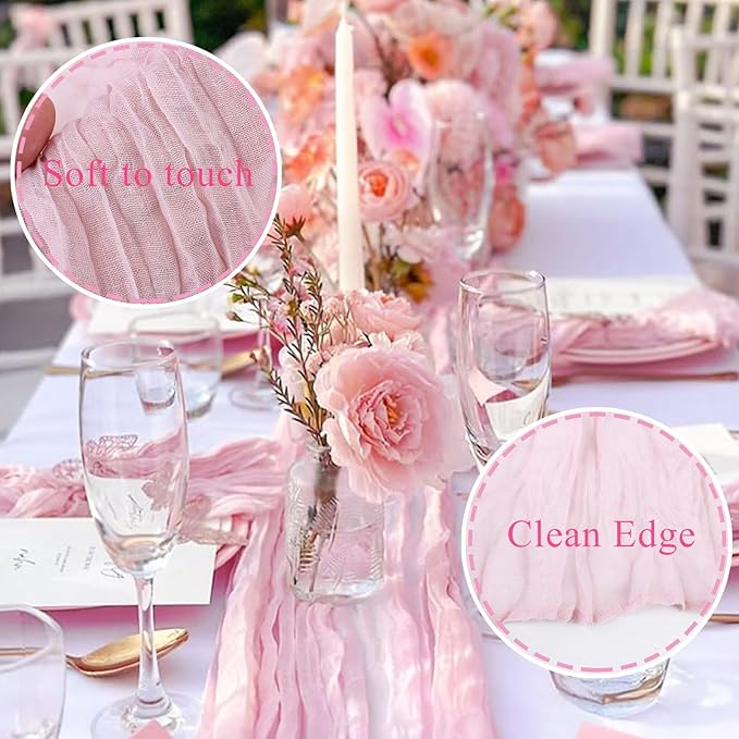 Pink Cheesecloth Table Runner 13.3FT Rustic Sheer Gauze Table Runners 157 Inch Boho Cheese Cloth Table Decorations for Wedding Party Spring Bridal Baby Shower Home Decor